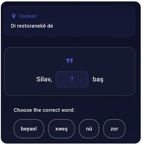 Quick lesson interface showing bite-sized Kurdish exercises