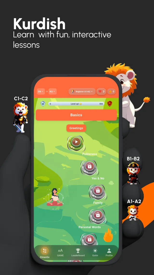 ZimanGo lesson road with a lion character for each level: A1–A2, B1–B2 and C1–C2